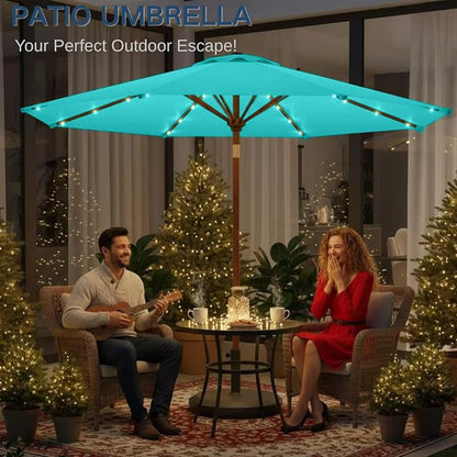9' Solar LED Patio Umbrella with Tilt & Crank|8 Sturdy Ribs,UV Protection,Outdoor Market Table Umbrella for Deck,Lawn,Pool,Backyard(Peacock Blue)