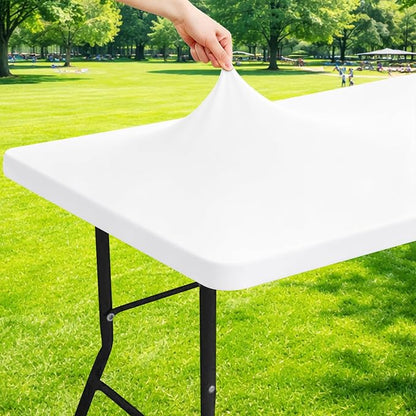 Moosfor Spandex 6 Foot Rectangle Table Cloth, Elastic Fitted Tablecloths for Picnic, Stretch Washable Patio Table Cover for Outdoor, Camping, Banquet and Parties (White, 18"x72")