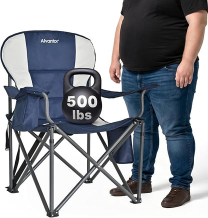 Alvantor Heavy Duty Folding Camping Chair, 500 LBS Oversized Outdoor Chair with Padded 600D Nylon Seat, Insulated Cooler Pocket, Portable for Hiking, Sports, Backyard