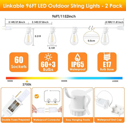 Larkvue 192FT(2x96FT) LED Outdoor String Lights, Linkable Patio Light with 60+3 2700K Waterproof Dimmable Hanging Bulbs for Pergola Cafe Wedding-White