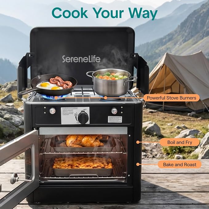 Camping Oven 3 in 1 Stove Oven Combo, Outdoor Camp Oven with 2 Burner Cooking, Piezo Ignition and Temperature Control, Compact RV for Camping and Tailgating