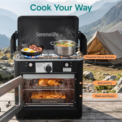 Camping Oven 3 in 1 Stove Oven Combo, Outdoor Camp Oven with 2 Burner Cooking, Piezo Ignition and Temperature Control, Compact RV for Camping and Tailgating