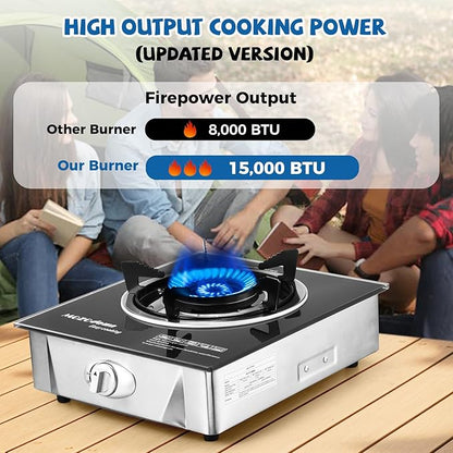 Single Burner Propane Stove 15000 BTU, Portable Gas Stove 1 Burner, Camping Stove Propane with LPG Adapter Hose for Indoor and Outdoor Kitchen Cooking