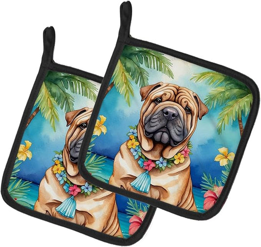Caroline's Treasures Shar Pei Luau Pair of Pot Holders Kitchen Heat Resistant Pot Holders Sets Oven Hot Pads for Cooking Baking BBQ, 7 1/2 x 7 1/2