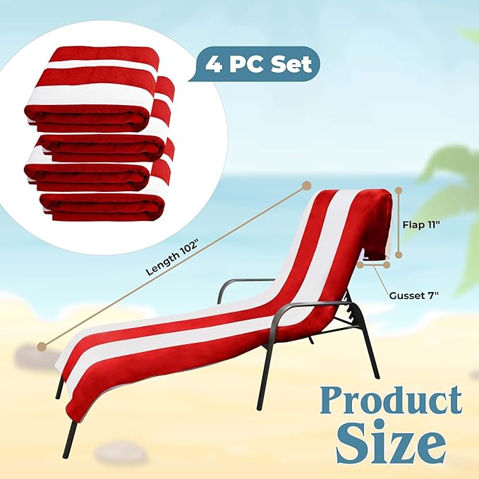 Superior Cabana Cotton Lounge Chair Cover, Outdoor Towel/Chaise Furniture Covers, Terry Cloth, Beach, Spa, Swim Accessories, Pool Chair Cover, Soft, Quick Drying, 32" x 102", Set of 4, Red