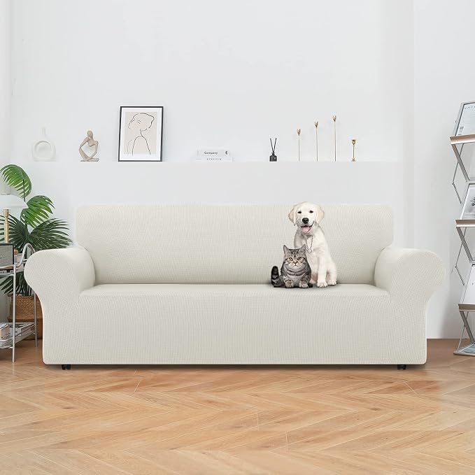 LURKA Stretch Couch Cover for Sofa, 1 Piece 3 Cushion Slipcover, Ivory | Soft Stretch Jacquard, Fits 78"-94" Sofas, Elastic Bottom for Secure Fit, Machine Washable, Pet & Kid Friendly