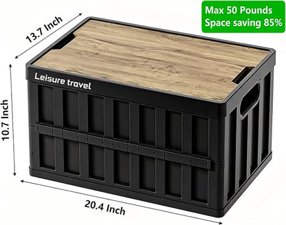 VIMI 50L Collapsible Storage Bins with Lids Stackable Utility Crates with Handles Plastic Large Folding Containers for Organizing Tools,Books,Food,Drinks,Camping&Transport (Black-2 Pack)