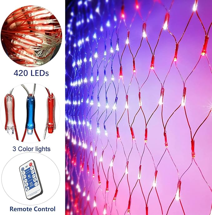 (New) Solar Powered American Flag Lights, 420 LED Flag, 4th of July Decorations, Outdoor Waterproof Remote Controlled Patriotic Lights for Independence Day, National Day, Memorial Day, Yard