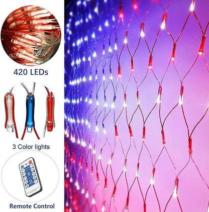 (New) Solar Powered American Flag Lights, 420 LED Flag, 4th of July Decorations, Outdoor Waterproof Remote Controlled Patriotic Lights for Independence Day, National Day, Memorial Day, Yard