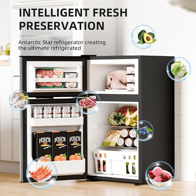 Antarctic Star 3.1 Cu.Ft.Compact Refrigerator,Mini Fridge with Freezer,2-Door with Adjustable Removable Shelves For kitchen/Apartment/Dorm/Office,SILVER