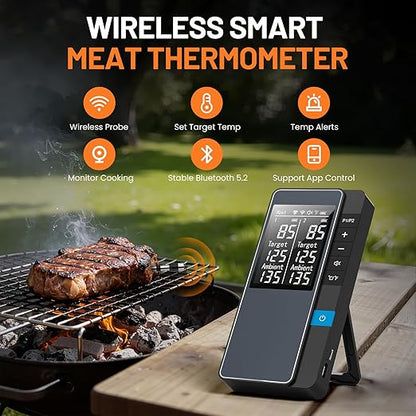 Smart Bluetooth Wireless Meat Thermometer, Real-Time Monitoring Control Digital Thermometer with Smart App, 2 Meat Probes IP67 Waterproof High Accuracy Perfect for BBQ, Oven, Grill & Smoker