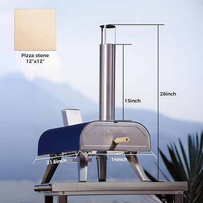 BIG HORN 12" Multi-Fuel Outdoor Pizza Oven Reach up to 1110℉– 3-in-1 Wood,Gas &Electric Compatible(Burners Sold Separately),Pellet Pizza Oven Portable Pizza Maker for Backyard, Camping&Tailgating,Blue