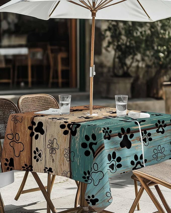 Dog Paw Print Outdoor Tablecloth - 54x54 Inch Square Dining Table Cover, Rustic Teal Brown Beige Wooden Farmhouse Waterproof Outdoor Table Cloth with Umbrella Hole & Zipper for Picnic/Patio/Party