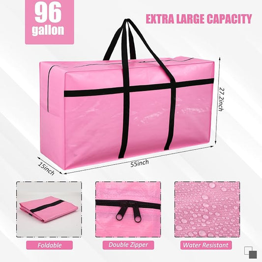 4 Pcs 96 Gallon Extra Large Moving Bags Heavy Duty Storage Bag with Strong Zipper Handle Foldable XXL Jumbo Storage Tote Packing Moving Box for College Dorm Travel Cloth Duffle (Pink)