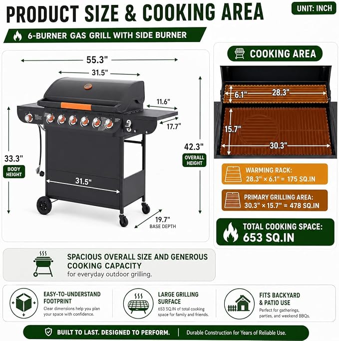 6-Burner Propane Gas Grill with Side Burner, 72,000 BTU Outdoor BBQ Grill, 650 Sq. In. Cooking Area, Cast Iron Grates, 4 Wheels, Pull-Out Drip Tray, Black