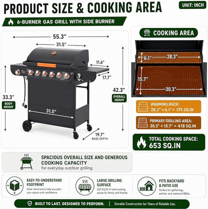 6-Burner Propane Gas Grill with Side Burner, 72,000 BTU Outdoor BBQ Grill, 650 Sq. In. Cooking Area, Cast Iron Grates, 4 Wheels, Pull-Out Drip Tray, Black