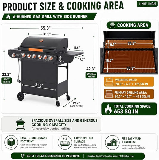6-Burner Propane Gas Grill with Side Burner, 72,000 BTU Outdoor BBQ Grill, 650 Sq. In. Cooking Area, Cast Iron Grates, 4 Wheels, Pull-Out Drip Tray, Black