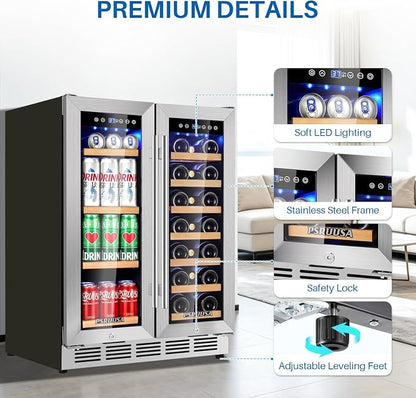 24 Inch Wine and Beverage Refrigerator Dual Zone Wine Fridge Beverage Cooler Large Capacity Holds 88 Cans and 20 Bottles, Built-In or Freestanding with Glass Door for Kitchen, Home Bar