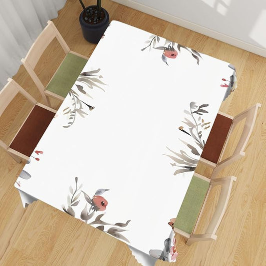 Spring Floral Decorative Rectangle Tablecloth Watercolor Leaves Wild Flowers Rectangle Kitchen Table Cover Oblong Tablecloth for Dining Table Buffet Parties Patio Camping 52" x 70" 4-6 Seats