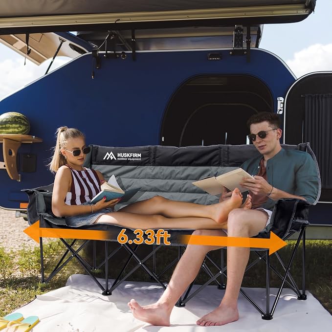 Huskfirm 3 Person Camping Chairs Folding Double Camp Chair for Adults Black | Oversized Loveseat Camping Chair Padded Heavy Duty Camping Couch for Outdoor Lawn with Two Cup Holders and Carry Bag