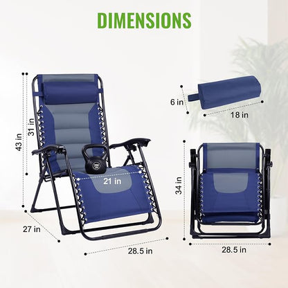 Backyard Expressions Deluxe XL Padded Recliner Zero Gravity Chair – Ergonomic Anti-Gravity Lounger with Folding Design, Side Tray, and Adjustable Headrest