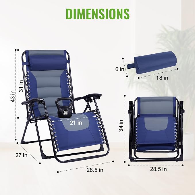 Backyard Expressions Deluxe XL Padded Recliner Zero Gravity Chair – Ergonomic Anti-Gravity Lounger with Folding Design, Side Tray, and Adjustable Headrest