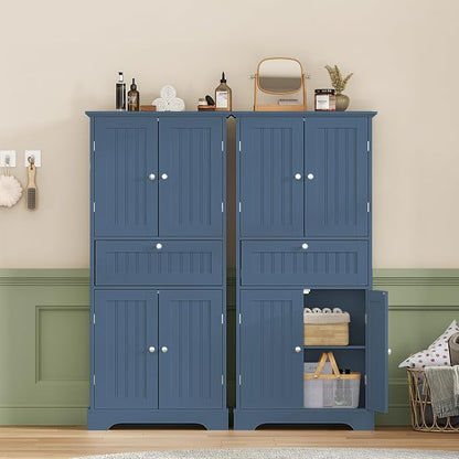 ChooChoo 51" H Bathroom Floor Cabinet with Drawers and Adjustable Shelves | Bathroom Storage Cabinet, Freestanding Kitchen Pantry Cupboard with 4 Doors for Living Room, Blue