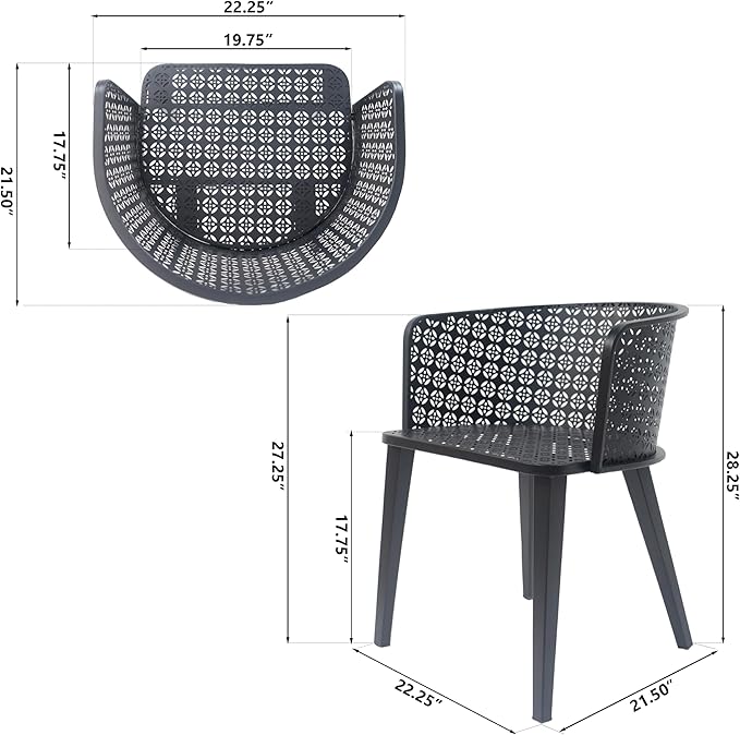 Christopher Knight Home Set of 2 Rivera Patio Iron Frame Dining Chairs, Geometric-Carved Pattern Round Backrest, Armchair for Kitchen, Restaurant, Garden, Balcony, Porch, Backyard, Poolside, Black