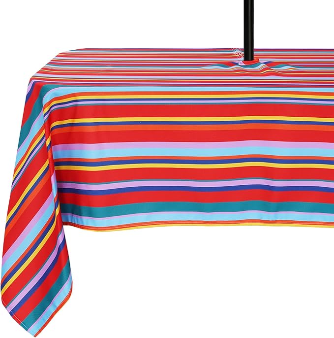 Poise3EHome Outdoor Tablecloth Rectangle with Umbrella Hole Waterproof Rainbow Mexican Tablecloth for Spring Picnic Party Patio Table Camping, Color Stripe (60X104 Zipper)