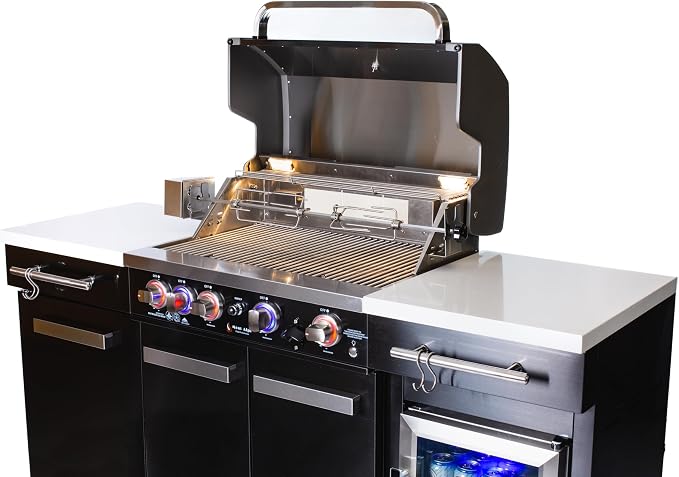 Mont Alpi 70"W x 24"D Black Stainless Steel Outdoor Kitchen Island with Refrigerator + 32"W 4-Burner BBQ Grill + Infrared Burner + Storage Cabinets + Granite Countertops + Natural Gas Conversion Kit