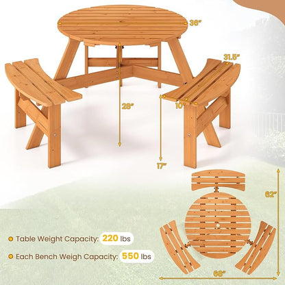 Tangkula 6-Person Wood Picnic Table, Outdoor Round Table and Bench Set with 3 Built-in Benches, Umbrella Hole, Perfect for Outside, Patio, Garden, Backyard, Porch (6-Person,Yellow)