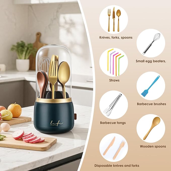 EXIN DECHEN Silverware Organizer with Lid,Cutlery Holder,Green with Gold | Waterproof and Dustproof,360°Rotating,Store Knives Forks Spoons Chopsticks for Kitchen Counter,Table,Party,Outdoor Camping,Rv