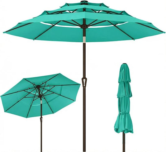 Kingdura 9ft 3-Tier Patio Umbrella, Outdoor Table Umbrella with Easy Crank & Tilt, 8 Reinforced Ribs, UV Protection for Deck, Pool, Market, Backyard (Tiffany blue)