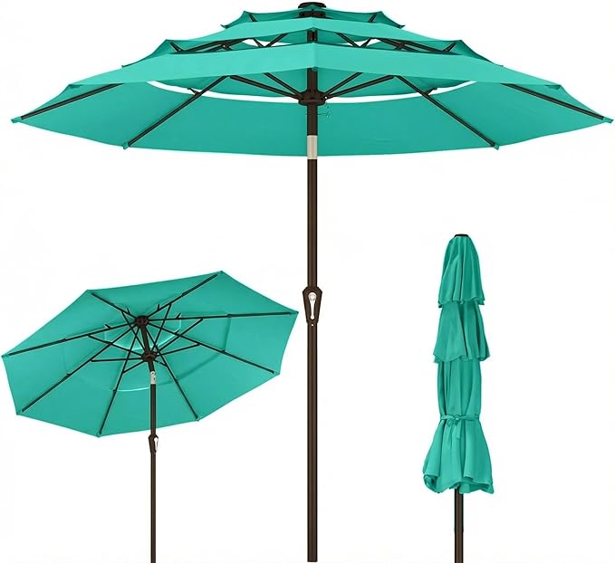 Kingdura 10ft 3-Tier Patio Umbrella, Outdoor Table Umbrella with Easy Crank & Tilt, 8 Reinforced Ribs, UV Protection for Deck, Pool, Market, Backyard (Tiffany blue)