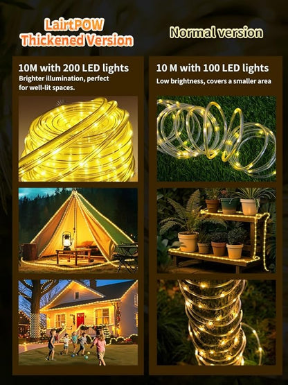 Larger Tube Solar Rope Lights with Remote,39FT 200LEDs Outdoor Solar Strip Lights,IP67 Waterproof USB Charging Solar String Lights, Timing & 8 Modes Fairy Light for Garden Patio Tree (Warm White)
