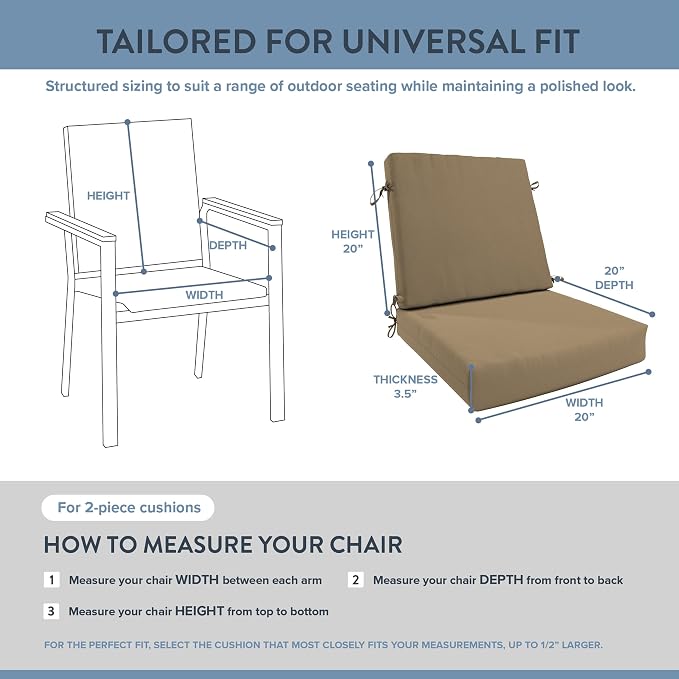 California Umbrella Outdoor Dining Chair, Patio Seat Cushion, 20 x 40 Inch, Premium Outdoor Memory Foam, Fade Resistant, Sunbrella Fabric, Fabric Ties, Heather Beige
