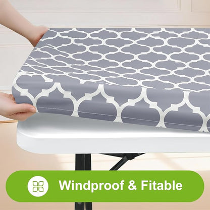Smiry Picnic Fitted Table Cover, 8 Foot Flannel Backed Vinyl Tablecloth | Waterproof Elastic Stretch Table Cloth, Wipeable Plastic Tablecloth for Camping, Indoor & Outdoor (Grey, 36" x 96")