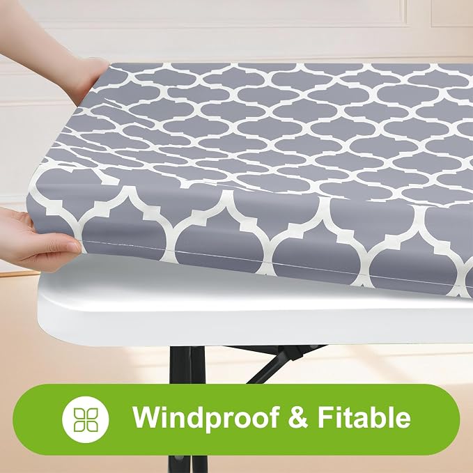 Smiry Picnic Fitted Table Cover, Square Flannel Backed Vinyl Tablecloth | Waterproof Elastic Stretch Table Cloth, Wipeable Plastic Tablecloth for Camping, Indoor & Outdoor (Grey, 42" x 42")