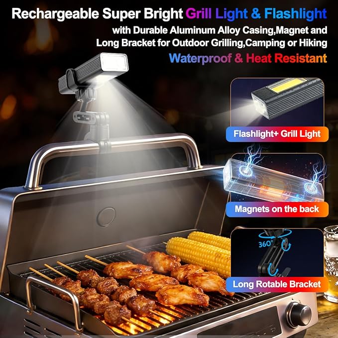 Rechargeable LED Grill Lights and Flashlight for Outdoor Grill with Magnetic, IPX5 Waterproof, 2-Level Brightness, USB-C Charging, Portable Grill Accessories, Grilling Gift for Men, Dad, Grill Lights