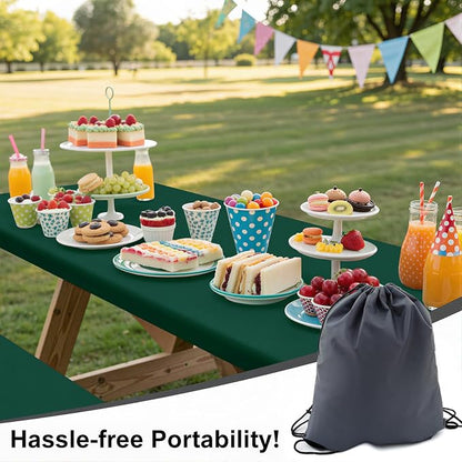 Smiry Picnic Table Cover with Bench Covers, Waterproof Elastic Fitted Polyester Tablecloths for 6 Ft Rectangle Tables, Washable Windproof Tablecloth for Camping, Outdoor (Hunter Green, 30x72 Inches)