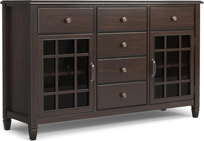 SIMPLIHOME Connaught 60" Wide Solid Wood 3-Door Buffet in Chestnut Brown | Traditional sideboard with adjustable shelves and classic molding for dining rooms; buffet, credenza or server.