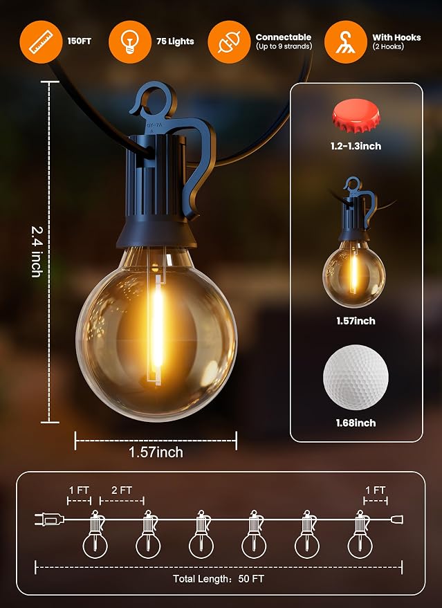 150FT 77 LED Outdoor String Lights, G40 Shatterproof String Lights, IP65 Waterproof Connectable Outside Patio Light for Backyard Porch Balcony Garden Decor Christmas Camping Gazebo