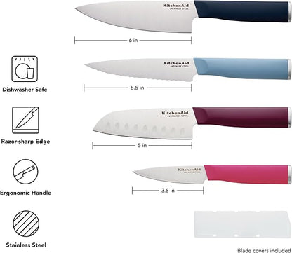 KitchenAid 4-Piece Chef Knife Set with Blade Covers, 6-Inch Chef Knife, 5-Inch Santoku, 5.5-Inch Serrated Utility, 3.5-Inch Paring Japanese Steel, Assorted Colors