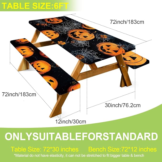 ANNA QUEEN Halloween Pumpkin 6FT Picnic Table Cover Set, Spooky 3PCS 72"x30" Jack-o'-Lantern Tablecloth & Bench Covers, Waterproof Camping Outdoor Decor