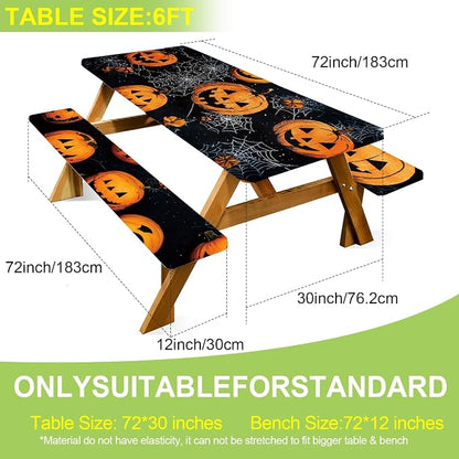 ANNA QUEEN Halloween Pumpkin 6FT Picnic Table Cover Set, Spooky 3PCS 72"x30" Jack-o'-Lantern Tablecloth & Bench Covers, Waterproof Camping Outdoor Decor