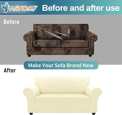 Asnomy Stretch Couch Covers Washable, loveseat Covers Slipcovers,Off-White | 1-Piece Sofa Cover(55"-78") loveseat cover Furniture Protector Soft Jacquard,Non-Slip Elastic Bottom for Dogs & Kids