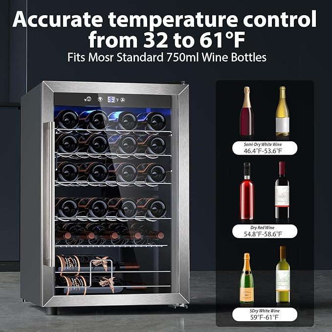 Electactic 4.4 Cu.ft Wine Cooler Refrigerator, 37 Bottle Freestanding Cabinet Wine Cellars, Wine Fridge with Glass Door for Home Use, Protecting Your Reds, Silver