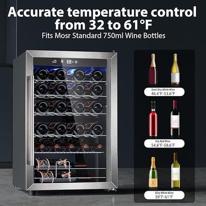 Electactic 4.4 Cu.ft Wine Cooler Refrigerator, 37 Bottle Freestanding Cabinet Wine Cellars, Wine Fridge with Glass Door for Home Use, Protecting Your Reds, Silver