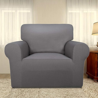 PureFit Stretch Chair Covers Fleece Couch Covers for Sofa Light Gray | 1-Piece Spandex Couch Cover Soft Couch Protector, Sofa Cover Washable with Non Skid Foam and Elastic Bottom for Kids, Dogs