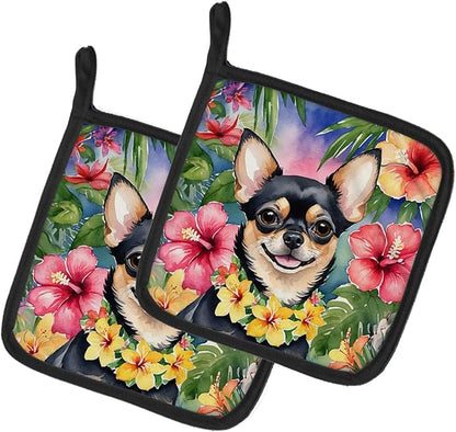 Caroline's Treasures Chihuahua Luau Pair of Pot Holders Kitchen Heat Resistant Pot Holders Sets Oven Hot Pads for Cooking Baking BBQ, 7 1/2 x 7 1/2